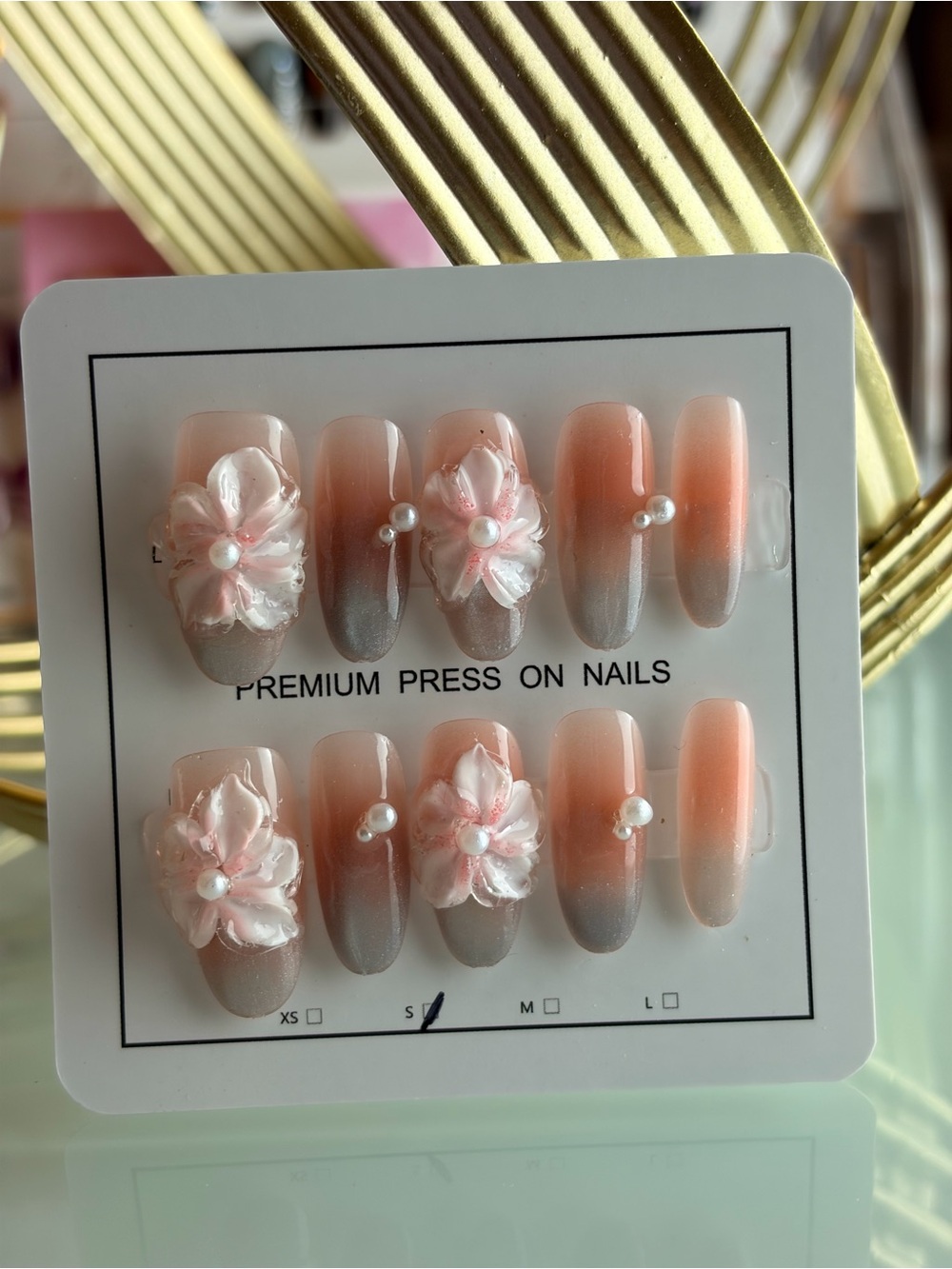 Premium Press-On Nails - Peach Ombre with 3D Floral Pearls small